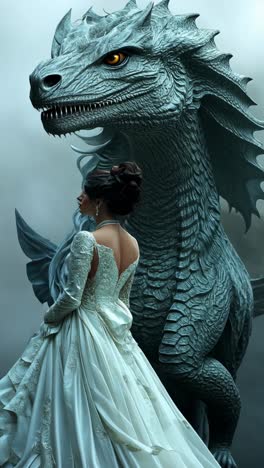 woman in elegant gown stands close to a mythical dragon in misty landscape