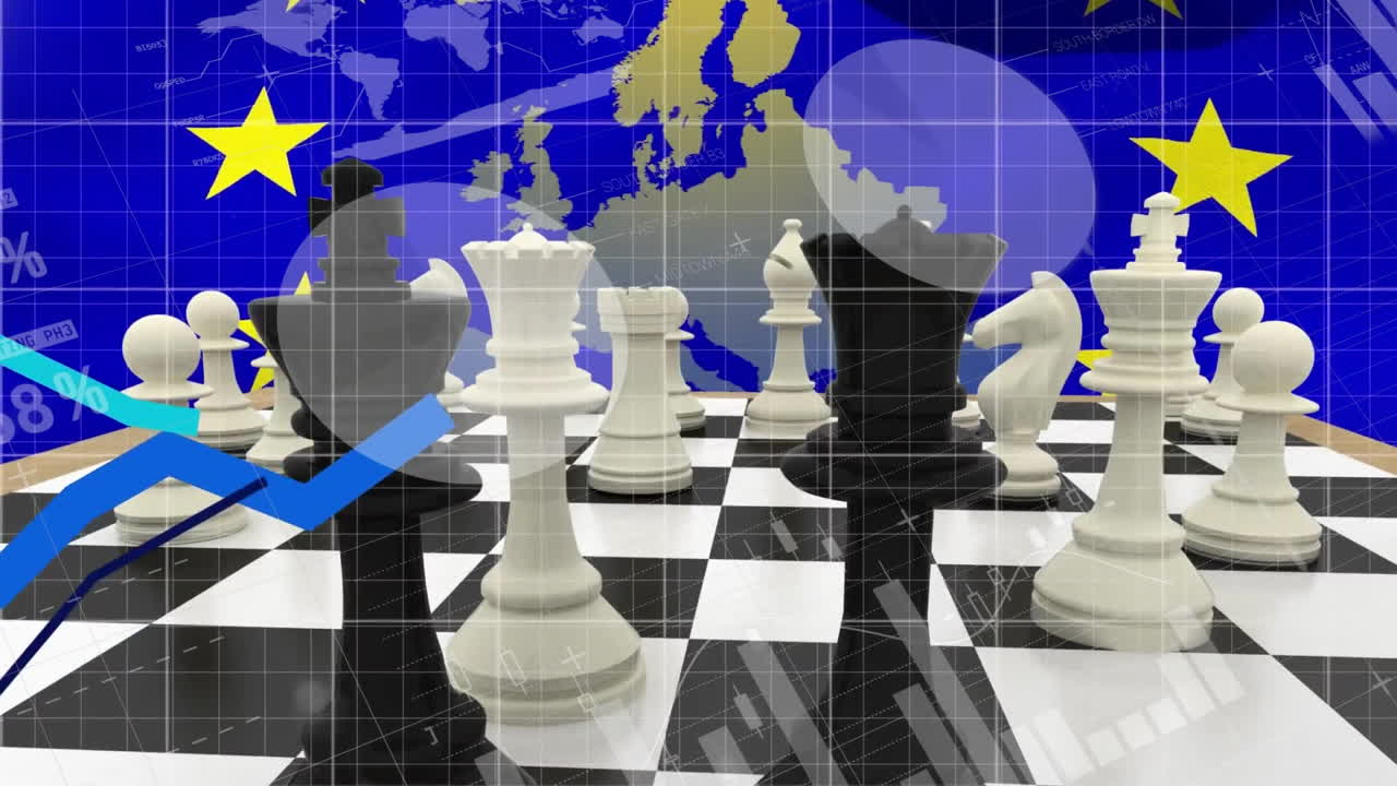 Animation of financial data processing and flag of european union over chessboard