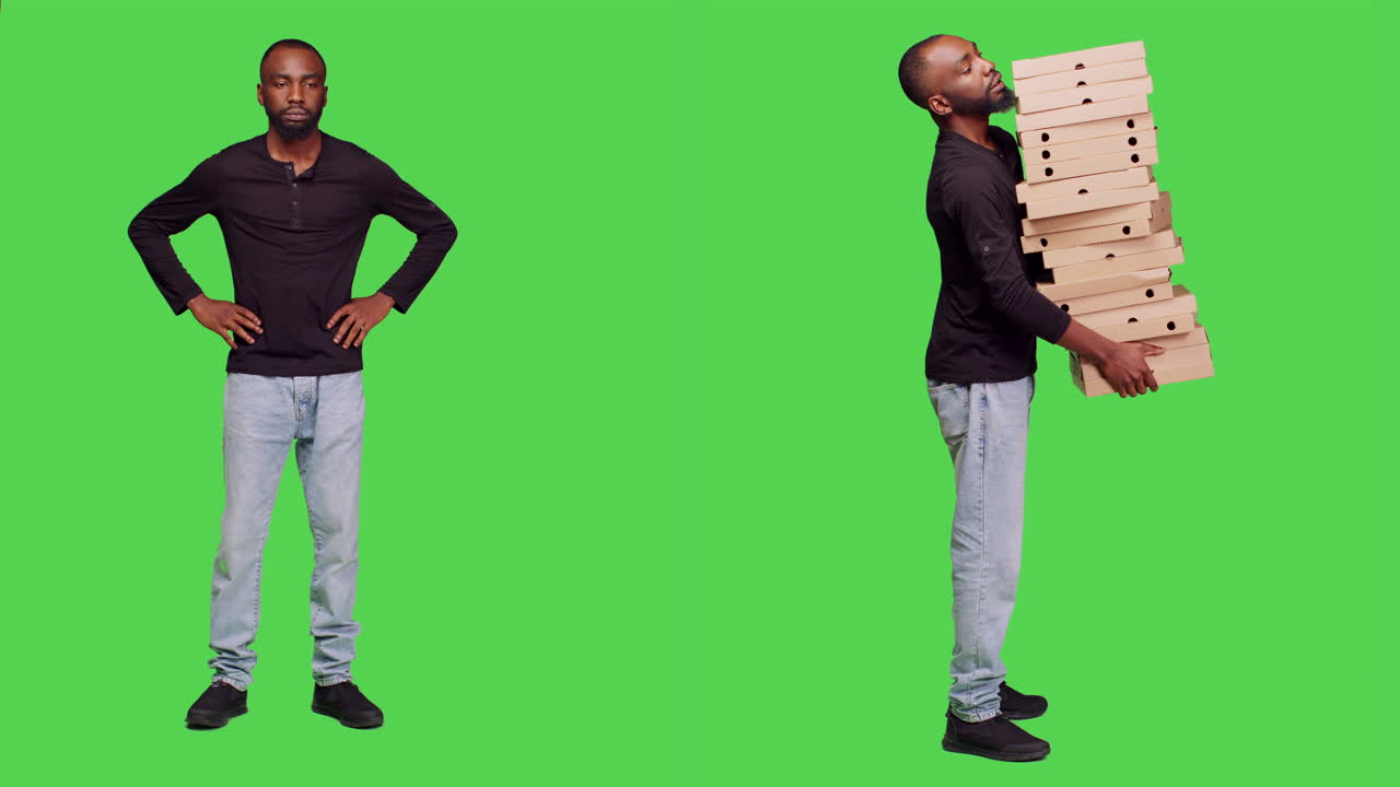 African American man delivering pizza on green screen