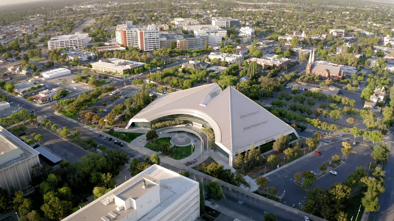 Aerial view of a modern civic building in an urban landscape