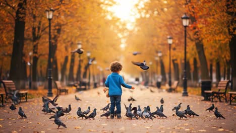 a young child in a blue sweater engages with a flock of pigeons amidst a beautiful autumn park filled with vibrant golden foliage and barren benches