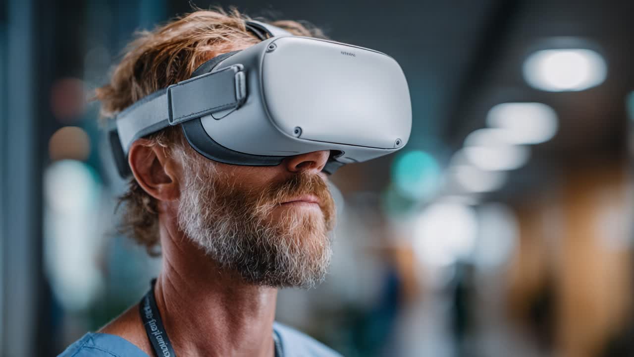 A man explores immersive virtual realities through a VR headset in a modern, vibrant environment, showcasing the future of technology and its impact on human experiences