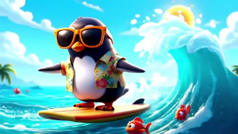A Stylish Penguin Rides the Surf Amidst Playful Fish as Waves Crash and the Sun Shines in a Vibrant Beach Scene of Summer Fun and Adventure