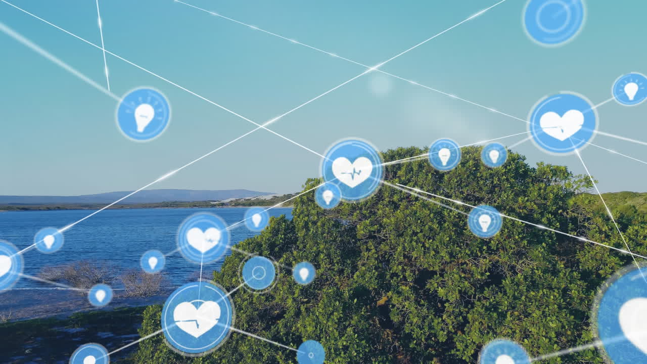 섬과 바다의 공중 시야에서 디지털 아이콘 네트워크의 애니메이션.