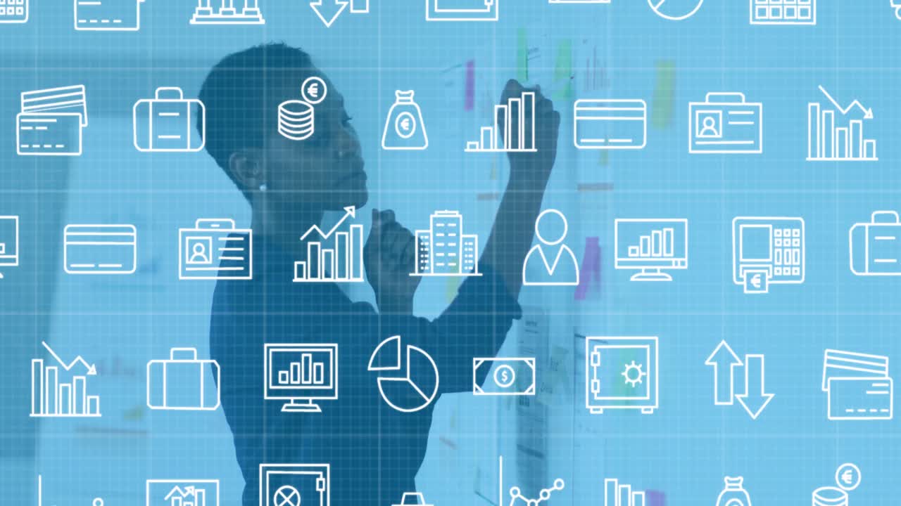 animación de iconos financieros sobre mujer afroamericana en el cargo