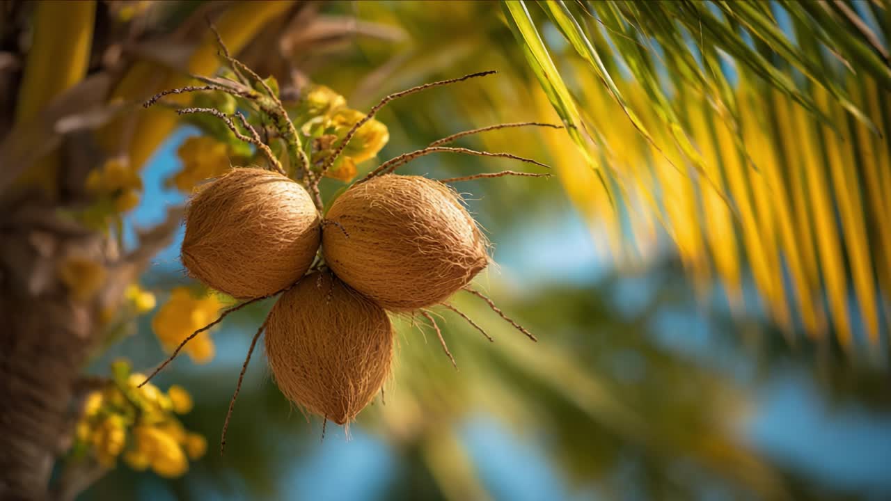Captivating Close-up of Exotic Fruit Formation on a Tropical Palm Tree Surrounded by Lush Greenery and Vibrant Yellow Flowers Under Bright Sunshine