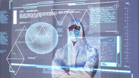 Animation of blood cell, computer language, globes, man standing wearing safety kit