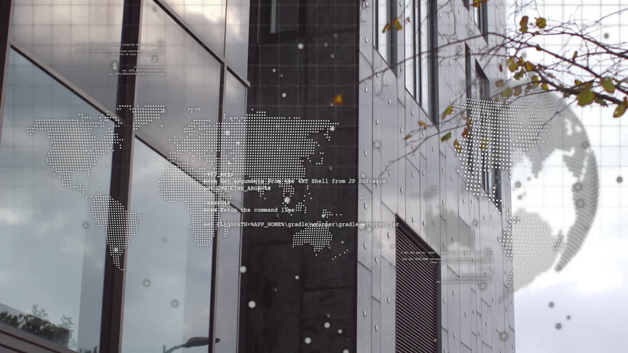 World map and data processing animation over modern glass building exterior