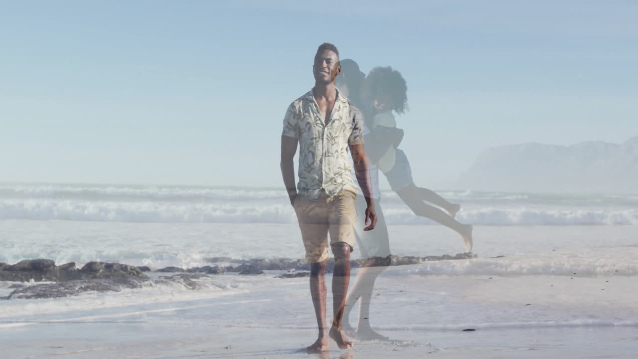 family walking barefoot on beach, showing animated health chart overlays and heart icons