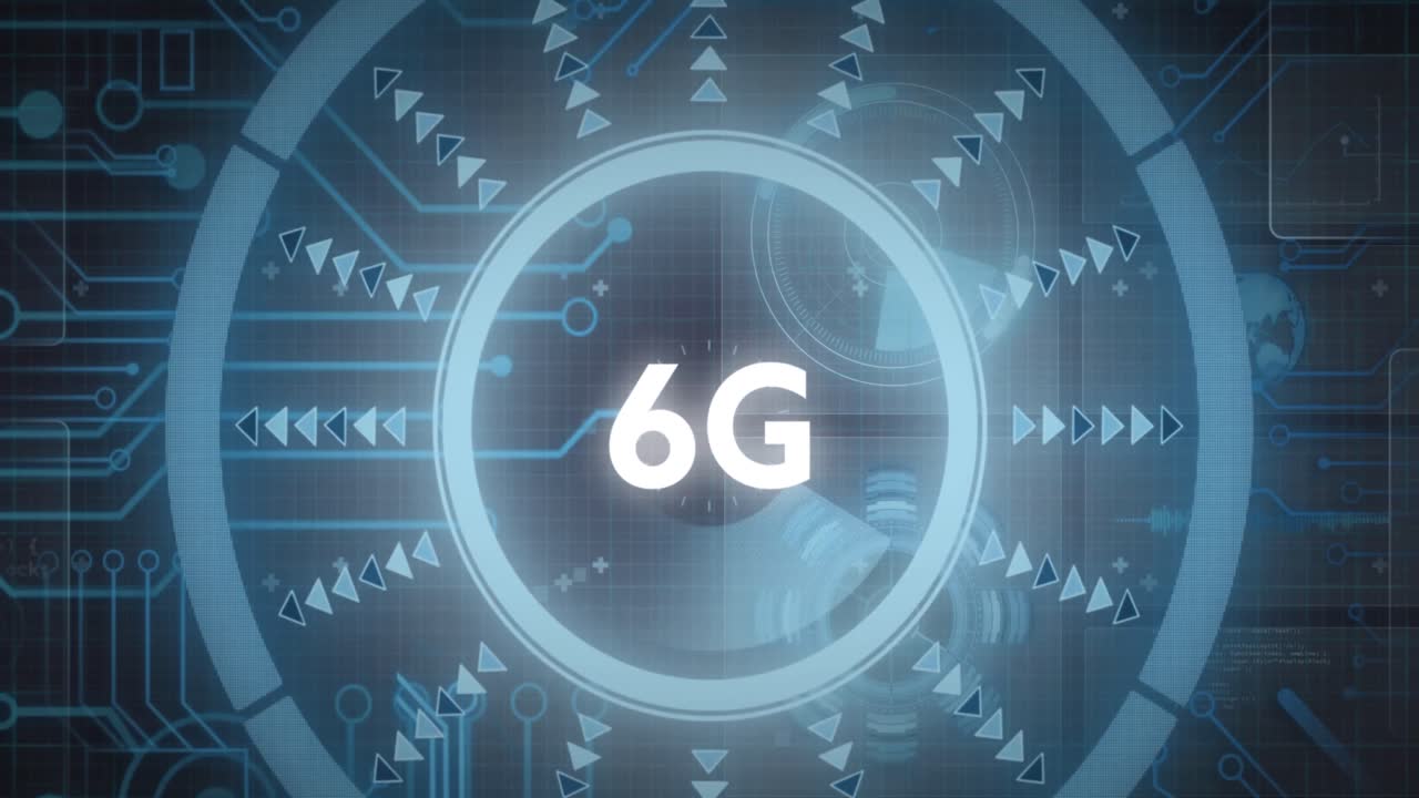 animación de texto de 6g sobre conexiones redondas de escáner y microprocesador contra un fondo azul.