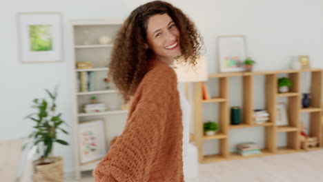 crazy, woman and dance portrait in home