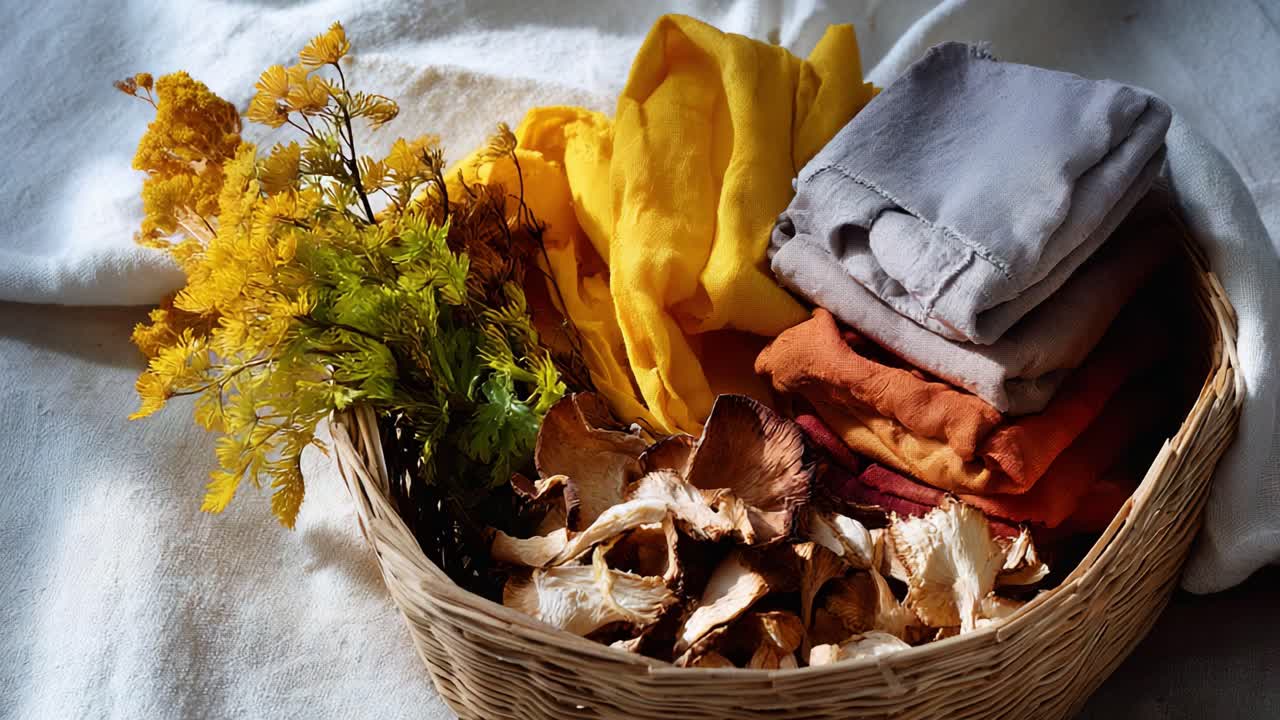 A Rustic Basket Filled with Vibrant Fabrics, Colorful Textiles, and Dried Flowers Creating a Cozy Atmosphere of Autumn's Natural Beauty and Warmth