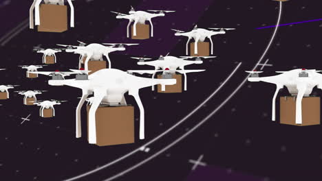 animation of drones carrying boxes over scope scanning in background