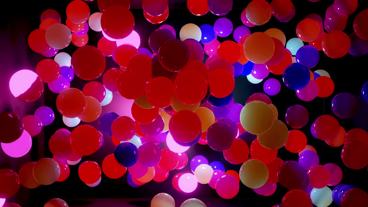 Composizione astratta di sfere colorate nell'aria, che si illuminano casualmente e si riflettono l'una nell'altra. Sfere multicolori nell'aria come semplice sfondo geometrico scuro con effetti di luce