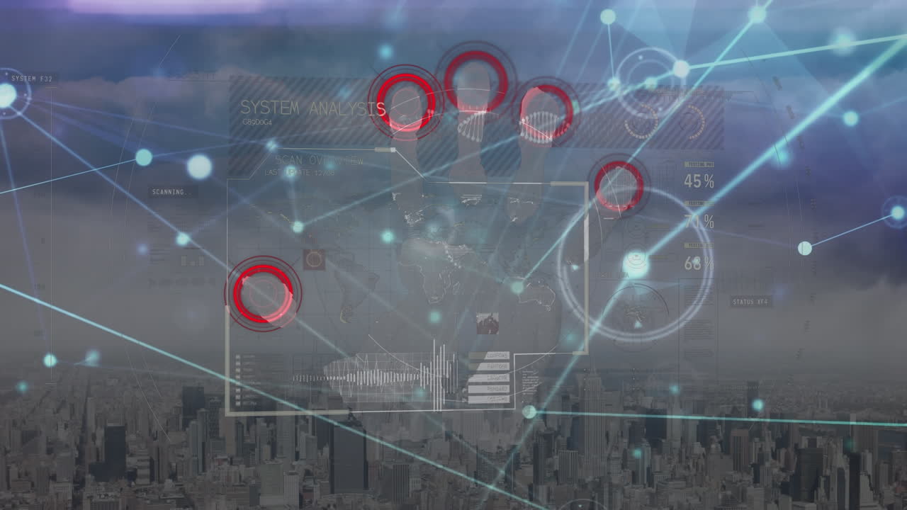 손 아이콘과 데이터 처리를 가진 연결 네트워크의 애니메이션 도시 풍경