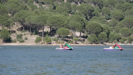 dos hidropedales o botes a pedales en el lago mientras la lancha motora pasa por detrás