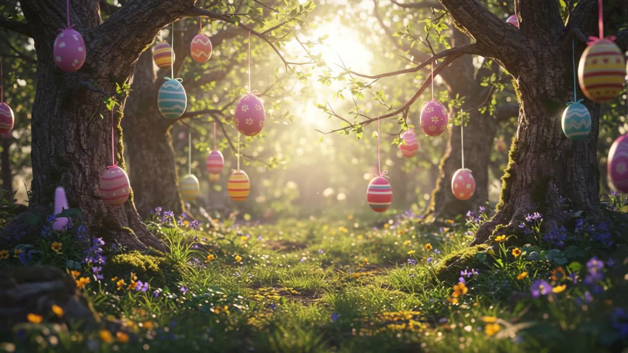 A Magical Easter Scene: Sunlight Filters Through Trees Adorned with Colorful Eggs in a Blooming Meadow Filled with Wildflowers and Enchantment