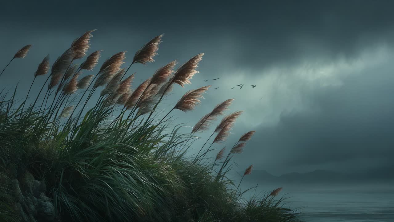 Ethereal Beauty of Tall Grasses under a Cloudy Sky: A Serene Display of Nature's Splendor Captured in Two Stunning Frames