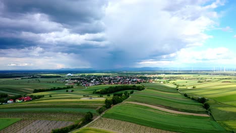 Panoramic-full-total-view-of-the-agricultural-landscape-on-a-cloudy-day-right-before-rain