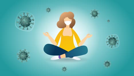 mujer haciendo meditación, quedarse en un estado pacífico en casa. niña en auto-aislamiento en cuarentena durante la epidemia de coronavirus. animación de bucle de dibujos animados 4k.