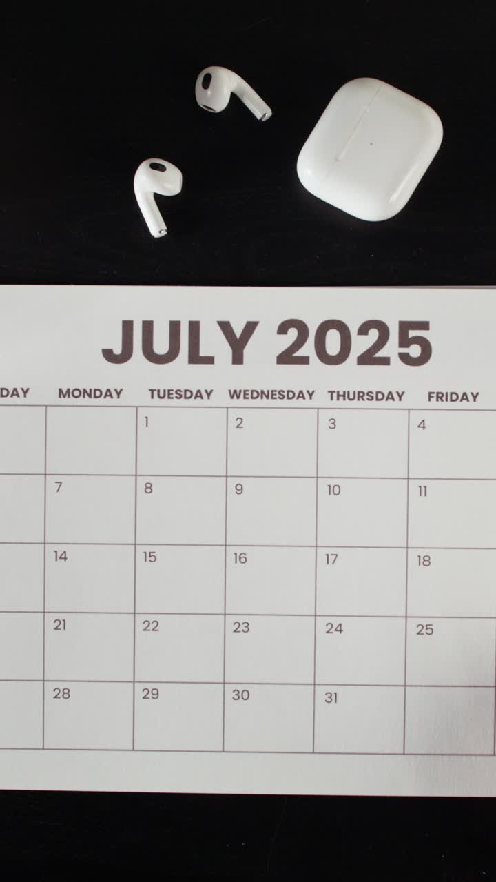 July 2025 Calendar with Earbuds and Hand