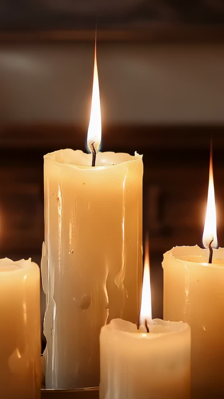 Video verticale: quattro candele color avorio a forma di pilastro che si inclinano e si assestano su uno scaffale a causa delle correnti d'aria calda