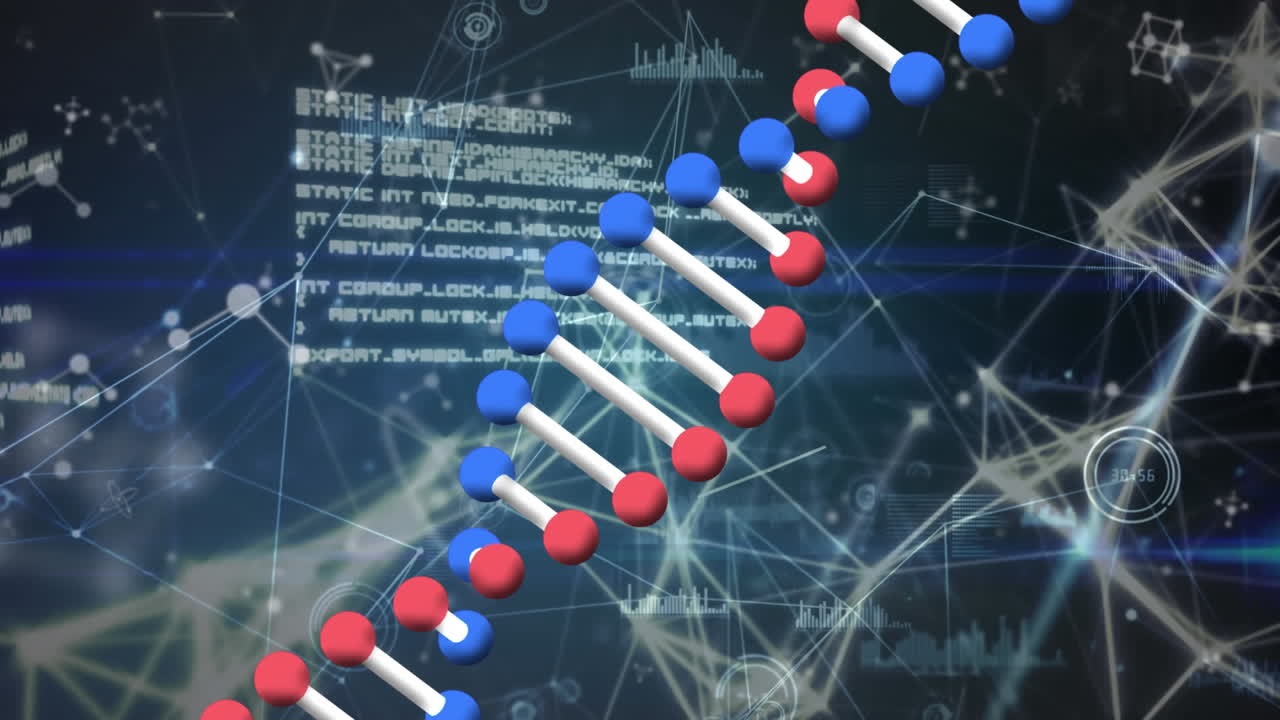 animación del hilado de la cadena de adn y el procesamiento de datos en fondo púrpura