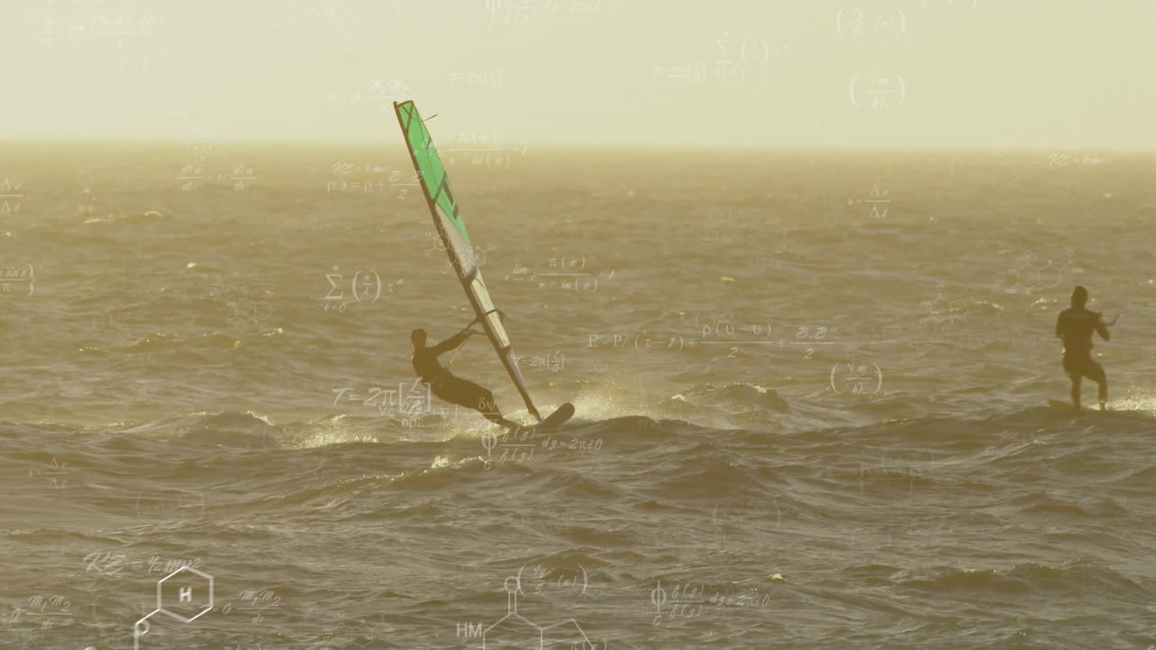 Animating mathematical equations and scientific formulas over windsurfers on ocean waves