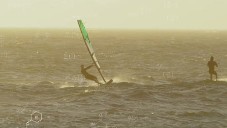 animando ecuaciones matemáticas y fórmulas científicas sobre windsurfistas en las olas del océano