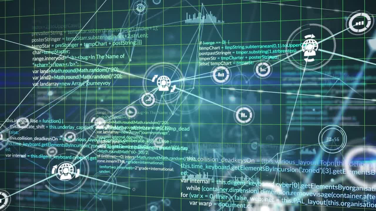 animación de la red de conexiones con iconos sobre la cuadrícula