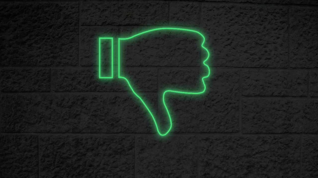 벽돌 벽에 빛나는 네온 엄지 손가락 아래 아이콘의 애니메이션