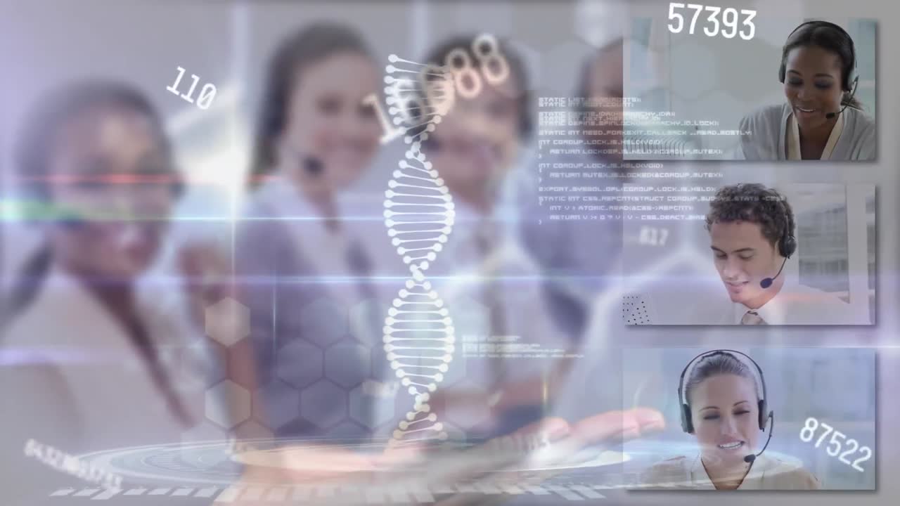 Animation of dna strand and numbers with data processing over screens with business people