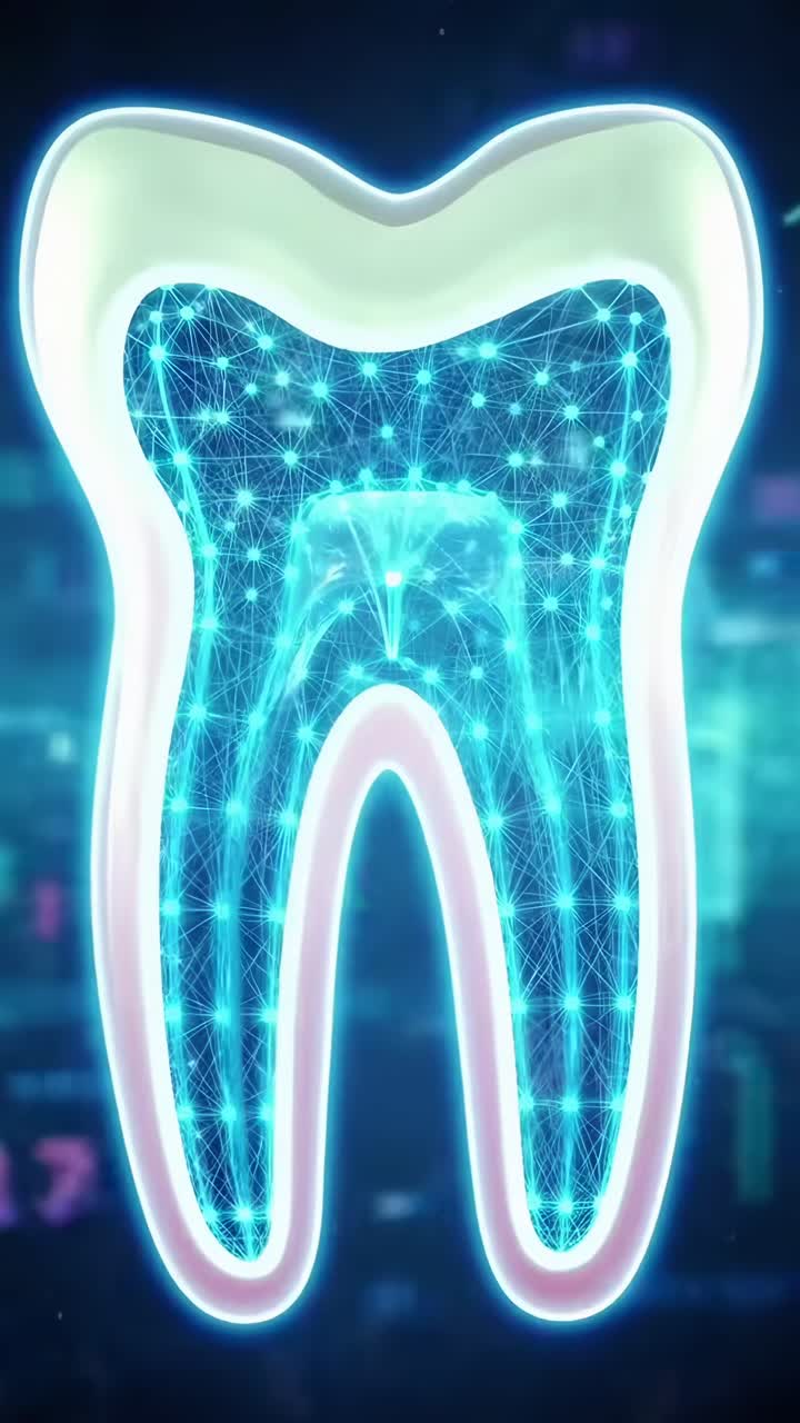 Futuristic video concept of a digital tooth model, angled from the side, glowing with blue networks