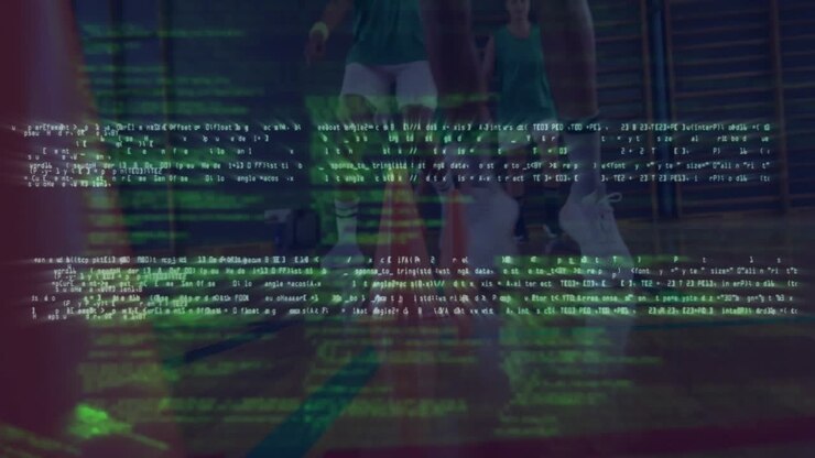 Sports tech code scrolling revealing female athletes dribbling drills in gym pulsing highlight box