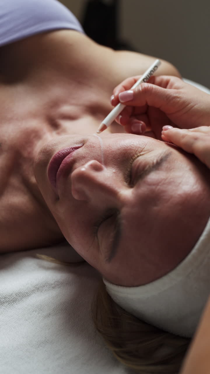 An Esthetician Carefully Marks the Client's Face in Preparation For a Spa Treatment - Close Up