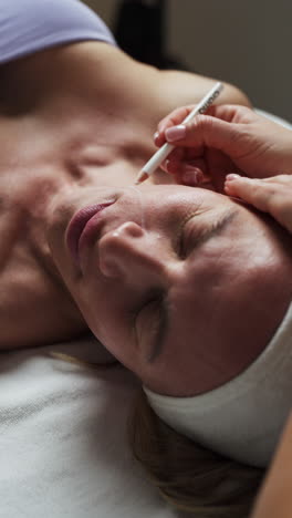 an esthetician carefully marks the client's face in preparation for a spa treatment - close up
