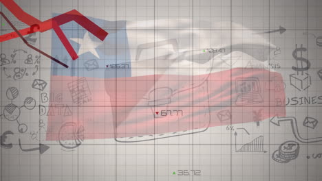 animation of data processing, finance icons and graphs over flag of chile on grey background