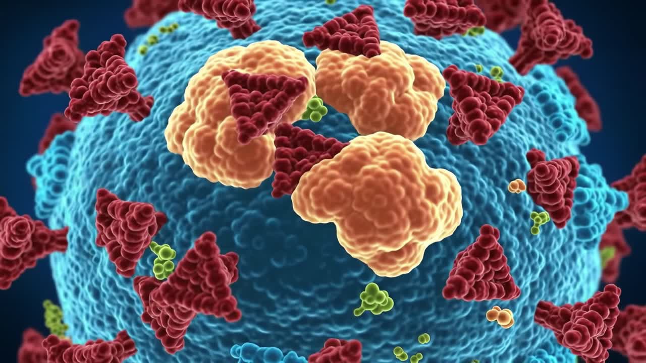 Discover the intricate details of viral particles captured in a lab setting. This visualization highlights the complex interactions and structures involved in viral biology.