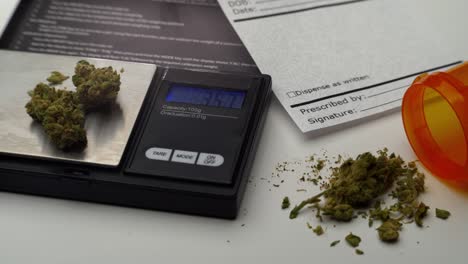 recorriendo lentamente los cogollos de marihuana que se miden en una escala digital junto a una nota de prescripción en blanco y un frasco de pastillas abierto