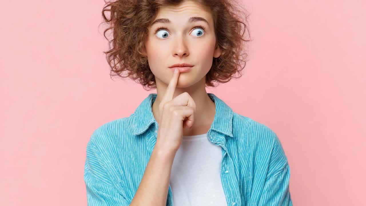 A young woman with curly hair and a playful expression tries to figure out what to say next, showcasing a moment of contemplation against a pink background