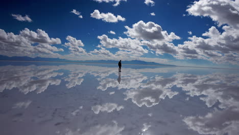 person standing on a reflective salt flat under a cloudy sky