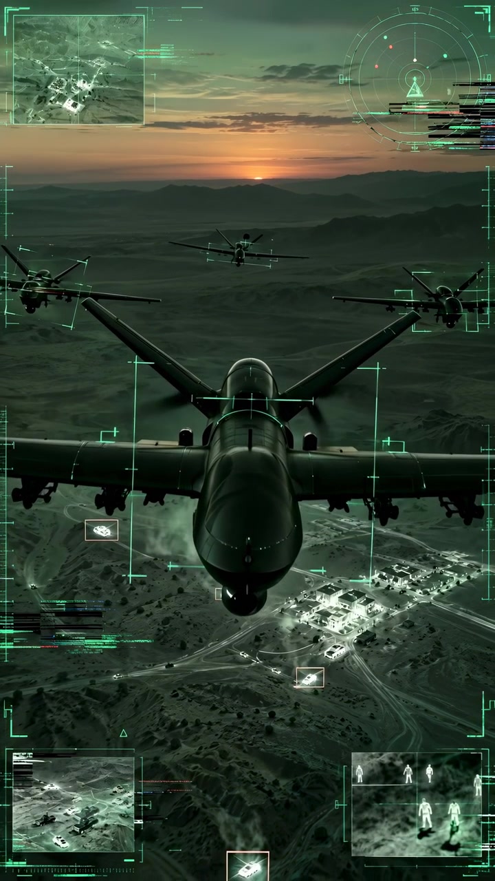 Central aircraft grows larger frame by frame while several matching planes hold formation over a shadowed valley, with orange horizon light and layered green display markings.
