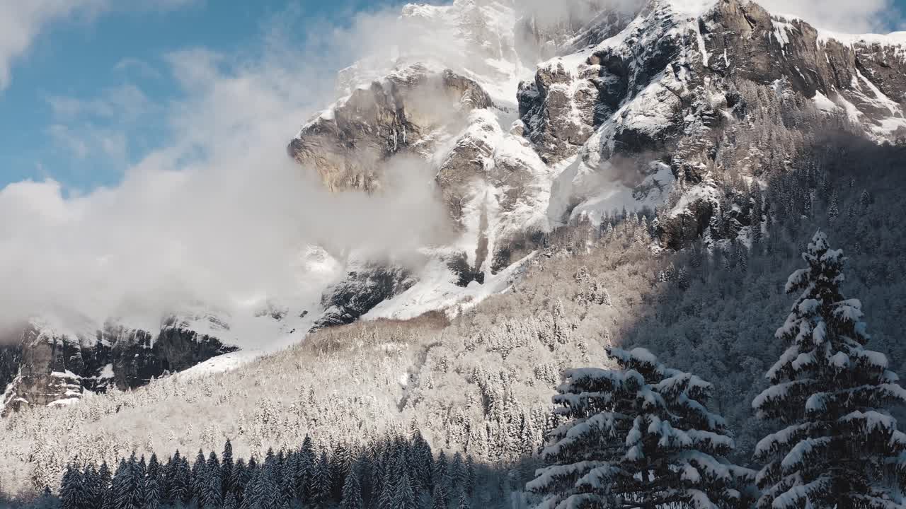 An Aerial View of Cirque du Fer à Cheval while covered in snow during a cold winter, passing close to the tip of a pine tree while tilting up to reveal the peak of Tenneverge