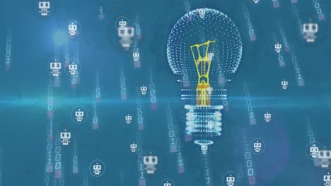 Animation-of-3d-light-bulb-over-robot-icons-against-falling-binary-codes-on-blue-background