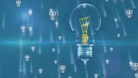 animation of 3d light bulb over robot icons against falling binary codes on blue background