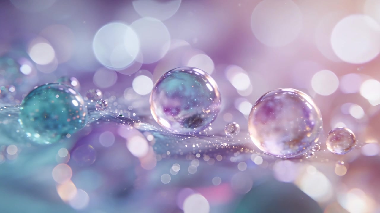 Telecamera macro che si sposta mettendo a fuoco una superficie granulosa per rivelare goccioline chiare che cambiano riflessi e bokeh.