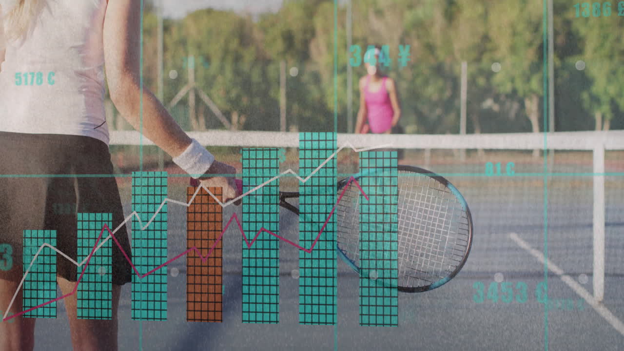 On court, tennis players with animation overlay displaying statistics and data