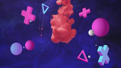 Animation-of-colourful-shapes-over-orange-liquid-on-purple-background