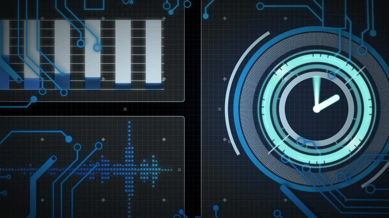 animación del procesamiento de datos con escaneo de alcance con reloj sobre fondo negro