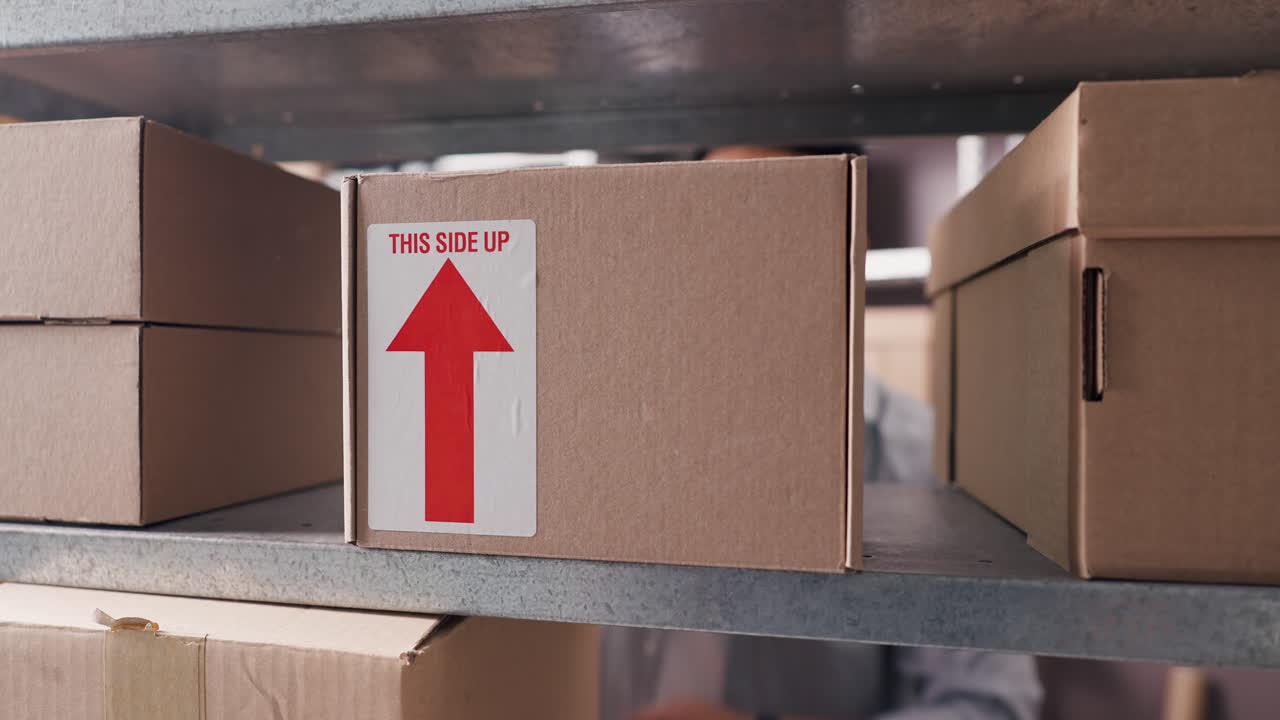 Worker Placing Cardboard Box with 'This Side Up' Label on Warehouse Shelf
